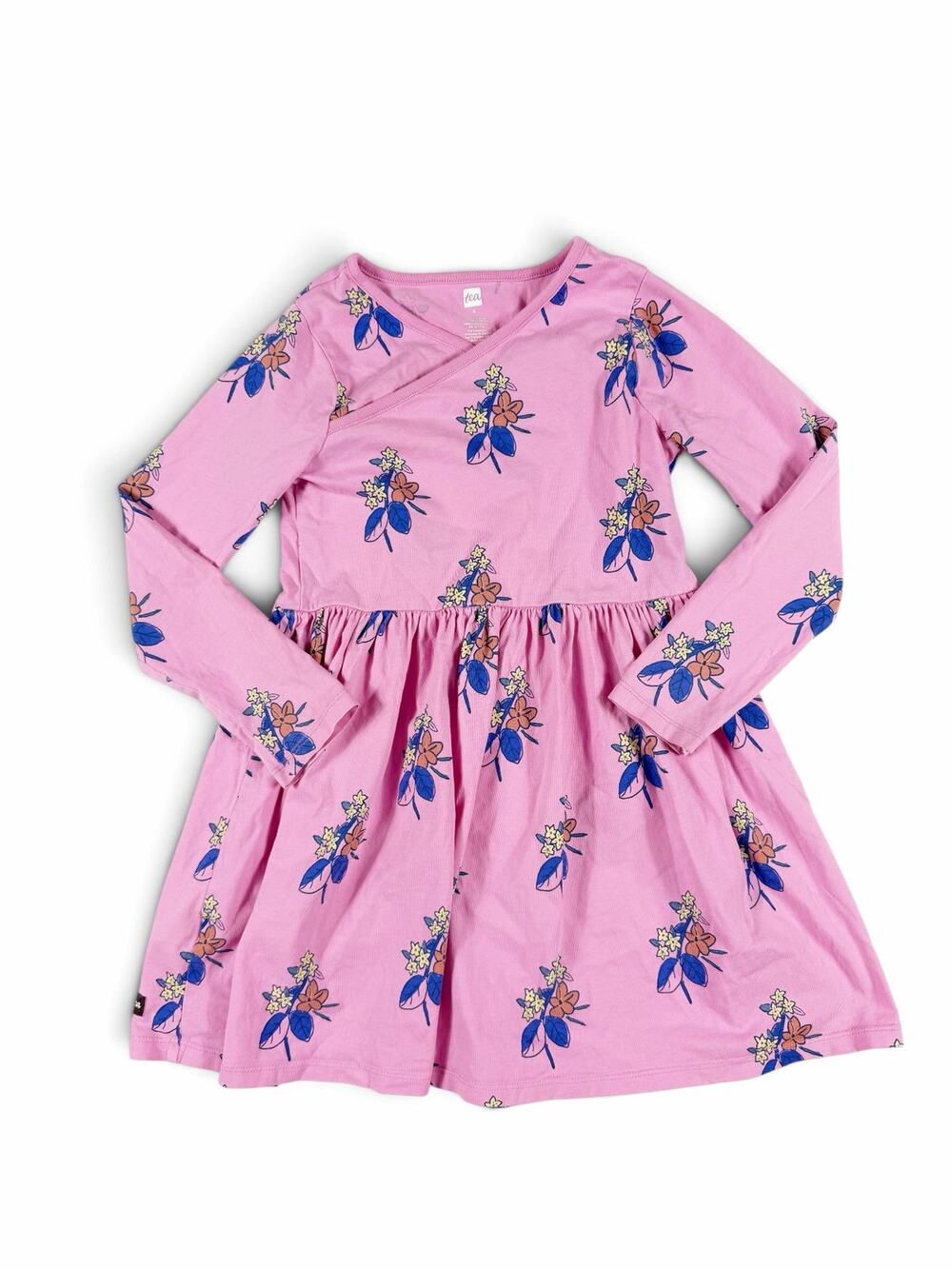 Tea Collection Vintage Block Print Floral Wrap Neck Dress Pink Size 6
